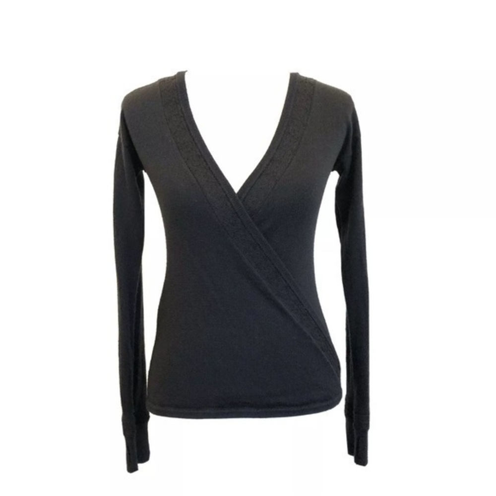 New Iviva Lululemon Merino Wool V-neck Faux Wrap Sweater Pullover Top Black 12